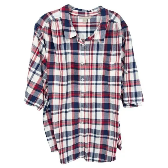 Woman Within Plus Size 3X Top 30W 32W Plaid Red Blue White Cotton Button Up 1578 - Picture 7 of 7